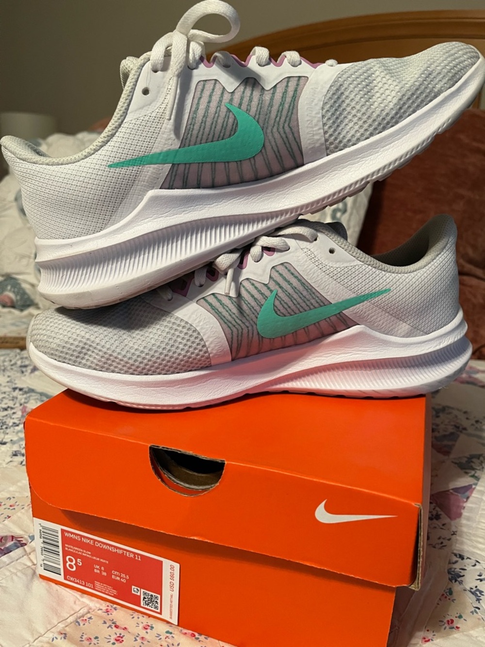 Nike white downshifter 11 Running Shoes with Teal Swoosh